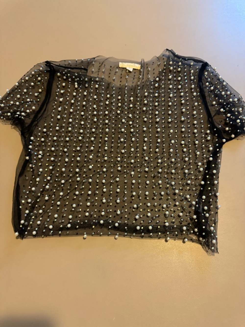 Black Sheer Pearl-Embellished Short Sleeve Top